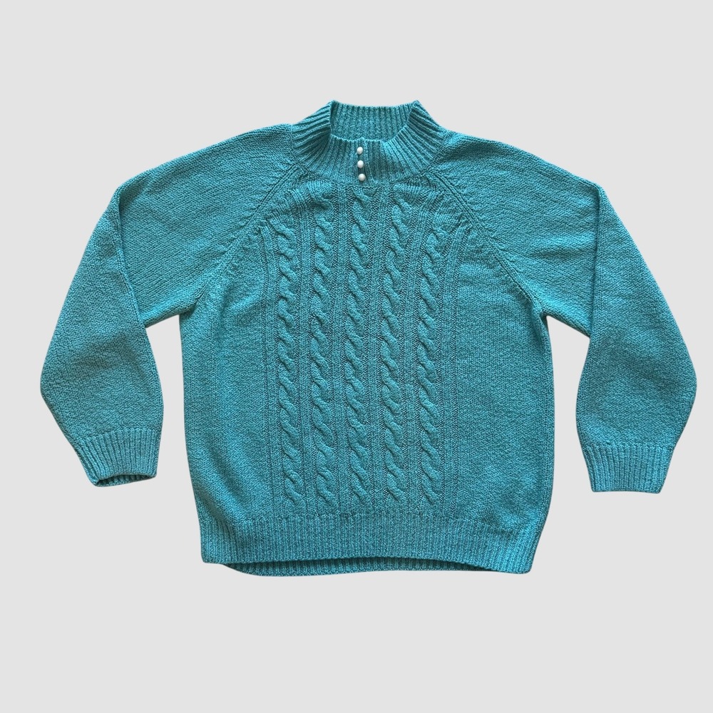 Vintage 90s Karen Scott Teal Blue Cable Knit Sweater Womens Large Grandma